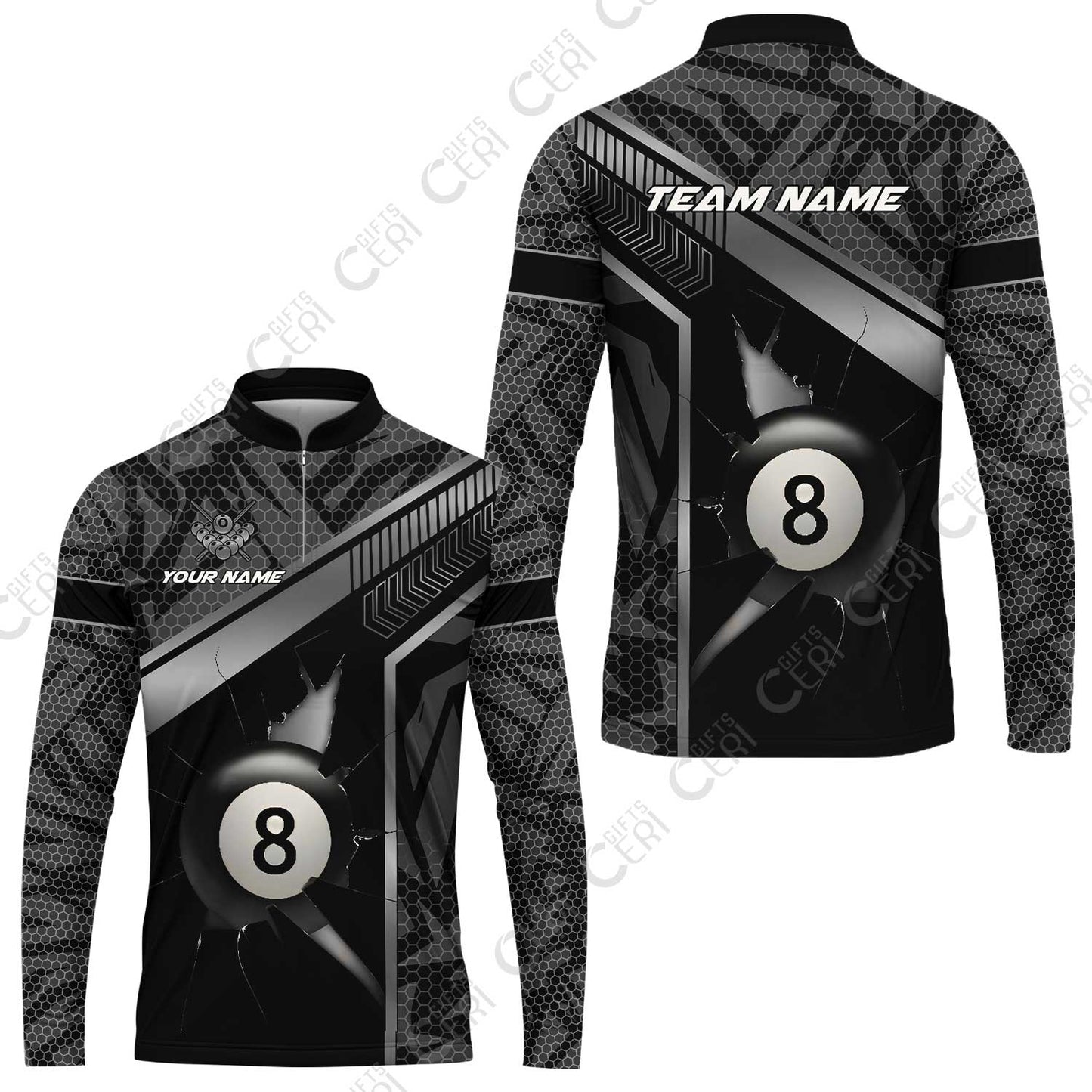 Customized Billiards Stand Collar Quarter-Zip Long Sleeve Jersey, Personalized Hexagonal Patterns With A Cracked Glass 8 Ball Jersey