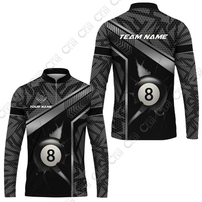 Customized Billiards Stand Collar Quarter-Zip Long Sleeve Jersey, Personalized Hexagonal Patterns With A Cracked Glass 8 Ball Jersey