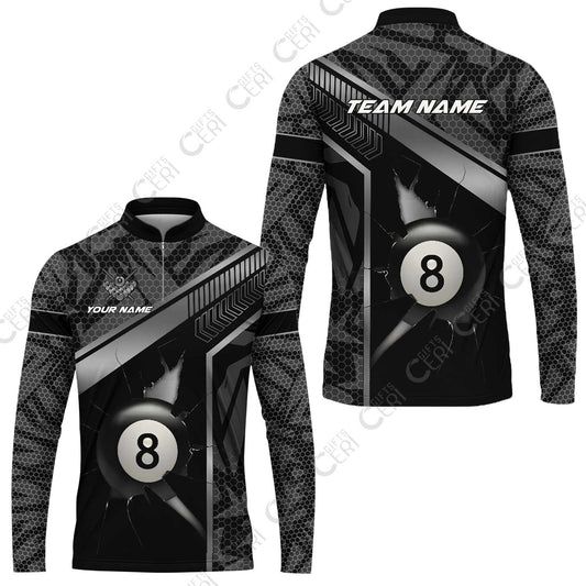 Customized Billiards Stand Collar Quarter-Zip Long Sleeve Jersey, Personalized Hexagonal Patterns With A Cracked Glass 8 Ball Jersey