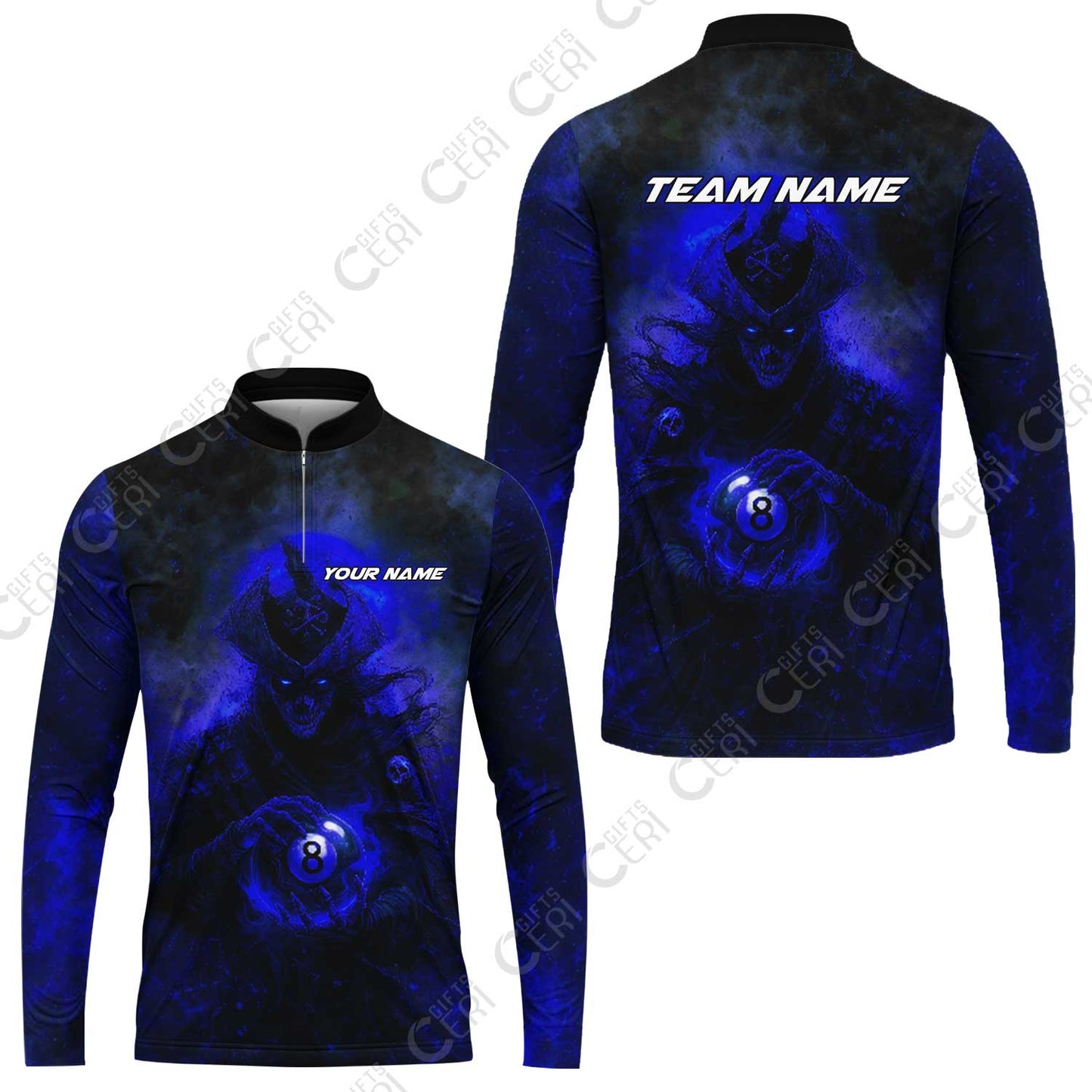 Customized Billiards Stand Collar Quarter-Zip Long Sleeve Jersey, Personalized Ghost Captains 8 Ball Jersey Gift For Billiard Players