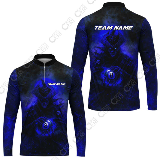 Customized Billiards Stand Collar Quarter-Zip Long Sleeve Jersey, Personalized Ghost Captains 8 Ball Jersey Gift For Billiard Players