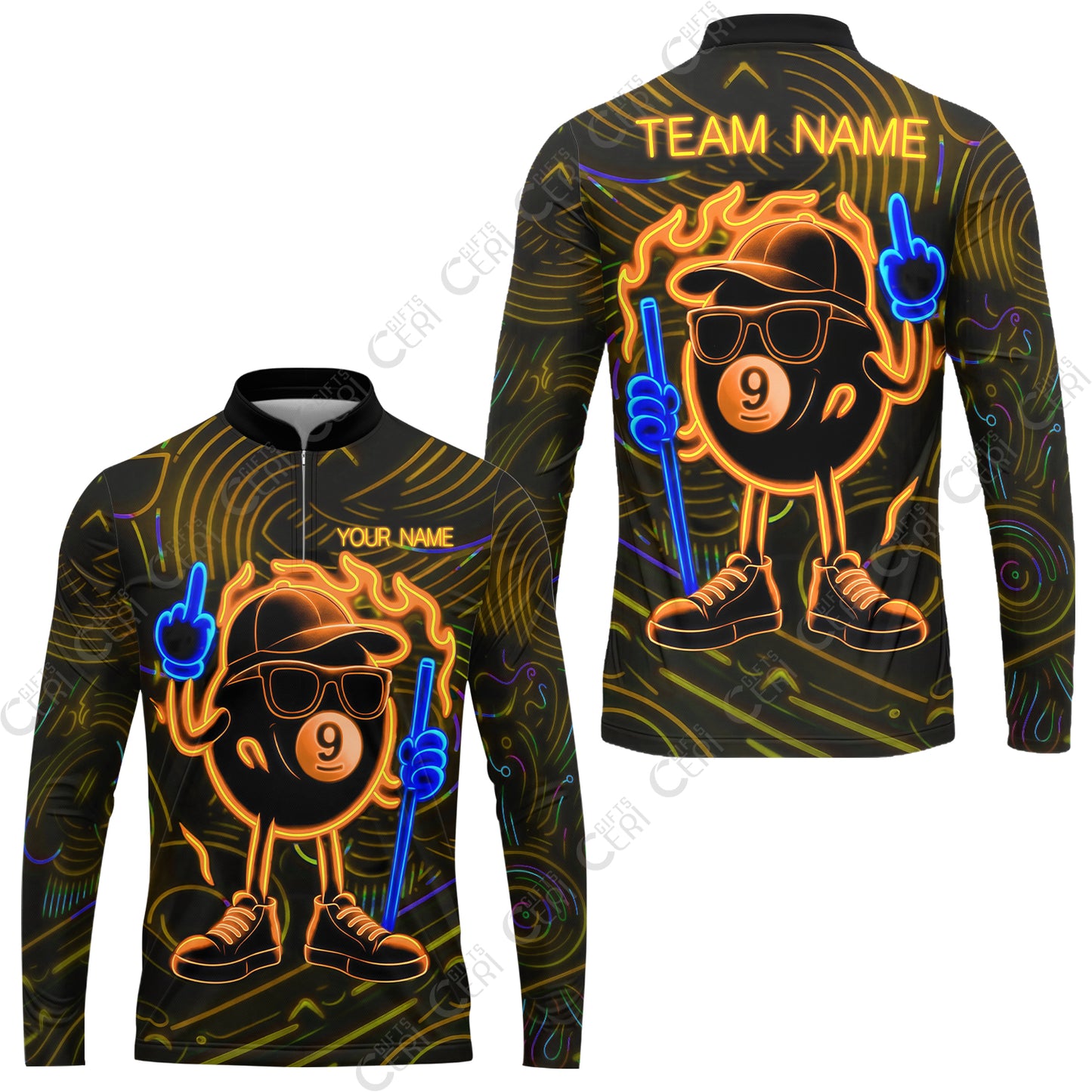 Customized 9 Ball Pool Stand Collar Quarter-Zip Long Sleeve Jersey, 9-Ball Billiard Neon Cartoon Flaming, Billiard Jerseys