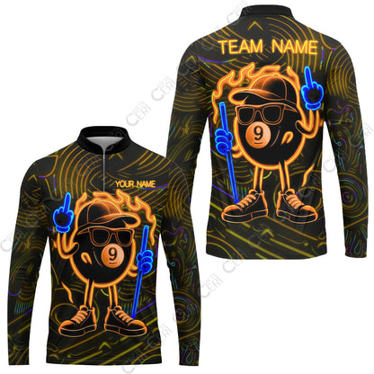Customized 9 Ball Pool Stand Collar Quarter-Zip Long Sleeve Jersey, 9-Ball Billiard Neon Cartoon Flaming, Billiard Jerseys