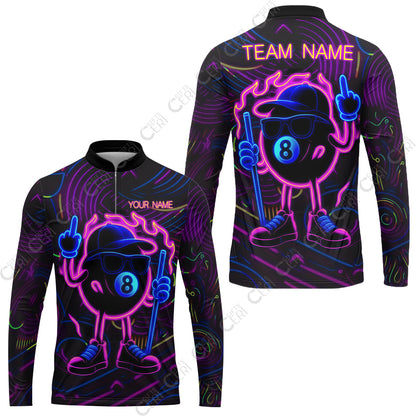 Customized 8 Ball Pool Stand Collar Quarter-Zip Long Sleeve Jersey, 8-Ball Billiard Neon Cartoon Flaming, Billiard Jerseys
