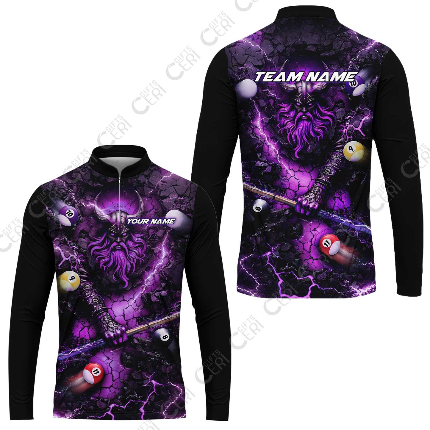 Customized Billiards Stand Collar Quarter-Zip Long Sleeve Jersey, Personalized Thunder Viking Billiards Jersey Gift For Billiard Players