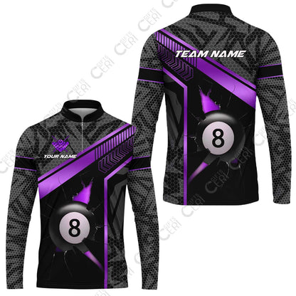 Customized Billiards Stand Collar Quarter-Zip Long Sleeve Jersey, Personalized Hexagonal Patterns With A Cracked Glass 8 Ball Jersey