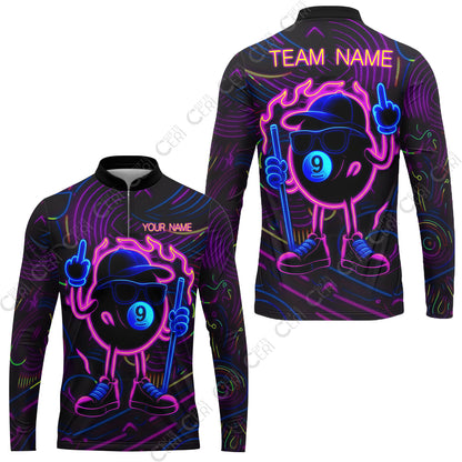 Customized 9 Ball Pool Stand Collar Quarter-Zip Long Sleeve Jersey, 9-Ball Billiard Neon Cartoon Flaming, Billiard Jerseys