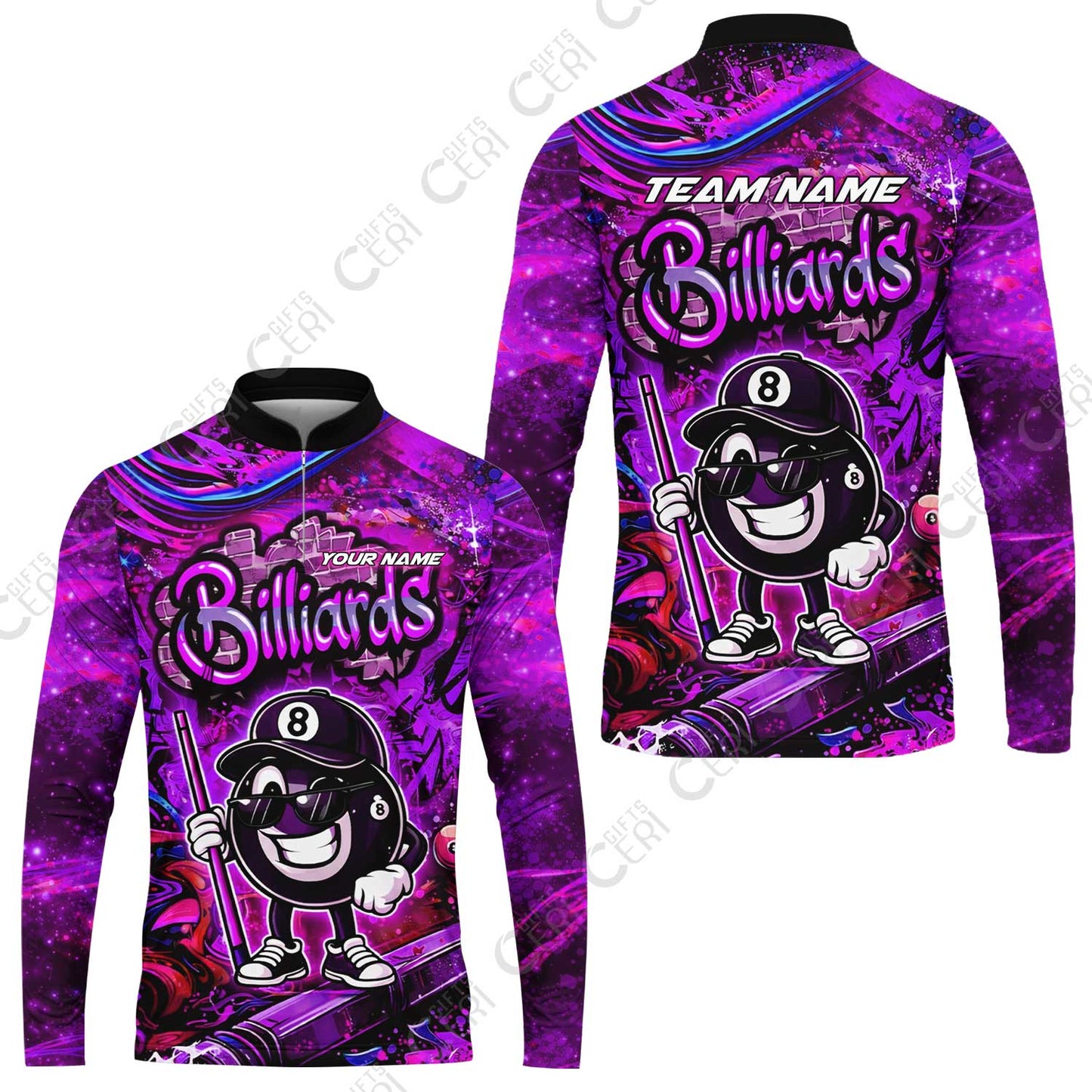 Customized Billiards Stand Collar Quarter-Zip Long Sleeve Jersey, Personalized Street Graffiti 8 Ball Jersey Gift For Billiard Players
