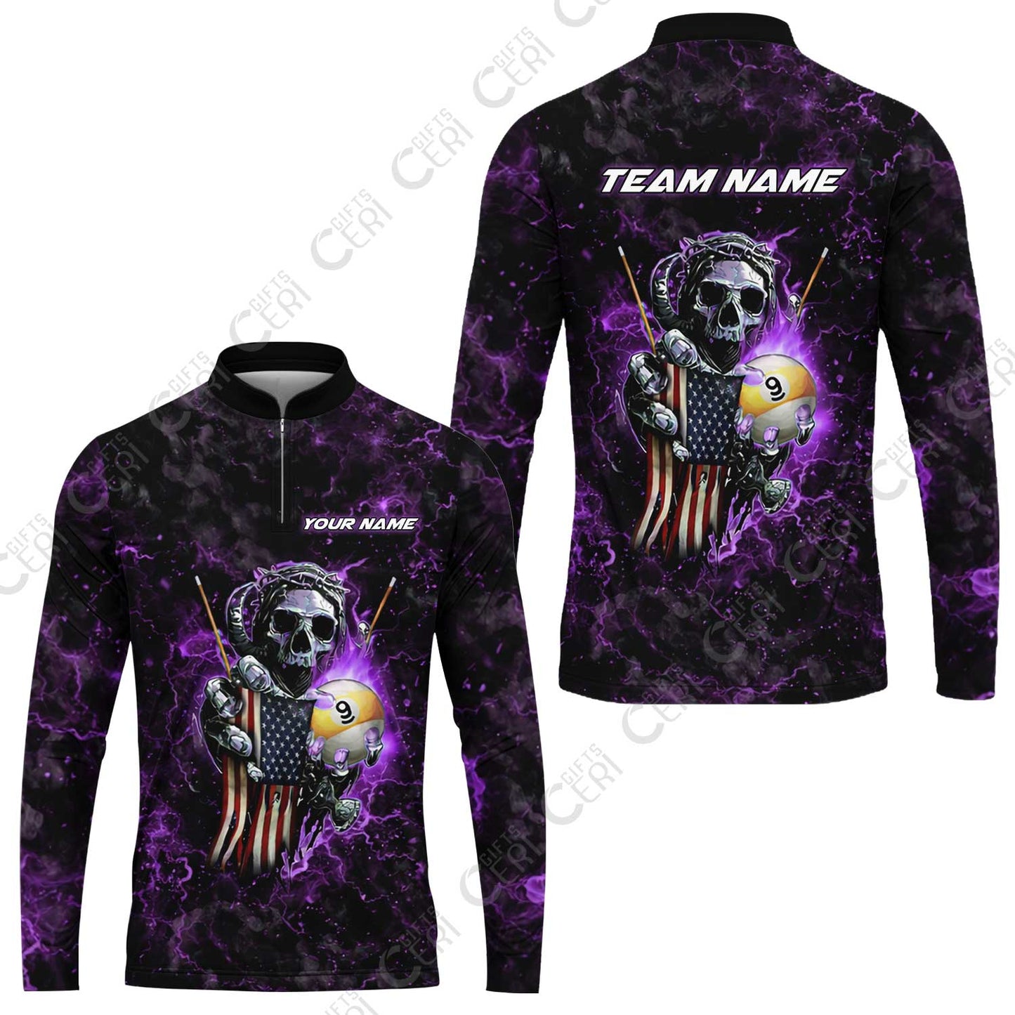 Customized Billiards Stand Collar Quarter-Zip Long Sleeve Jersey, Personalized Ghost Break 9 Ball Jersey Gift For Billiard Players