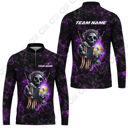 Customized Billiards Stand Collar Quarter-Zip Long Sleeve Jersey, Personalized Ghost Break 9 Ball Jersey Gift For Billiard Players