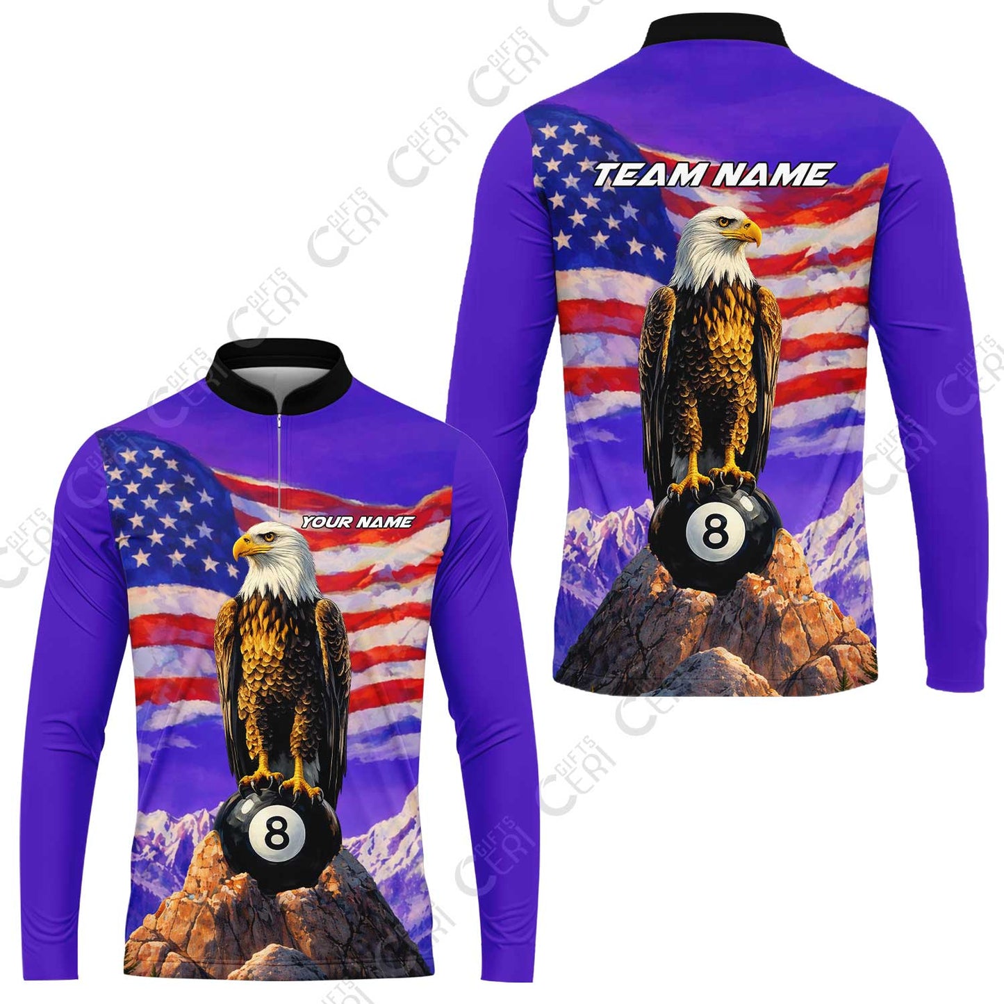 Customized Billiards Stand Collar Quarter-Zip Long Sleeve Jersey, Personalized American Flag With Eagle 8 Ball Jersey Gift For Billiard Players
