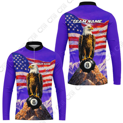 Customized Billiards Stand Collar Quarter-Zip Long Sleeve Jersey, Personalized American Flag With Eagle 8 Ball Jersey Gift For Billiard Players