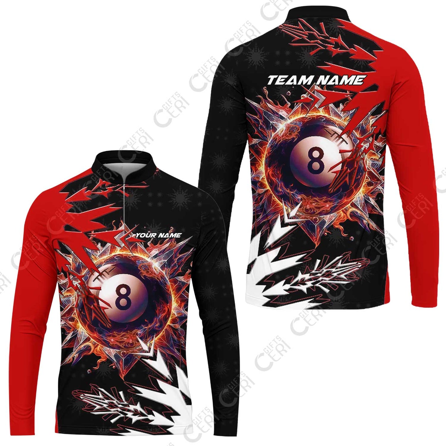 Customized Billiards Stand Collar Quarter-Zip Long Sleeve Jersey, Personalized Frostfire 8 Ball Jersey Gift For Billiard Players