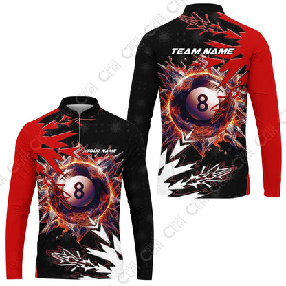 Customized Billiards Stand Collar Quarter-Zip Long Sleeve Jersey, Personalized Frostfire 8 Ball Jersey Gift For Billiard Players