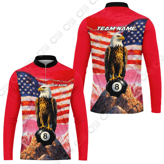 Customized Billiards Stand Collar Quarter-Zip Long Sleeve Jersey, Personalized American Flag With Eagle 8 Ball Jersey Gift For Billiard Players