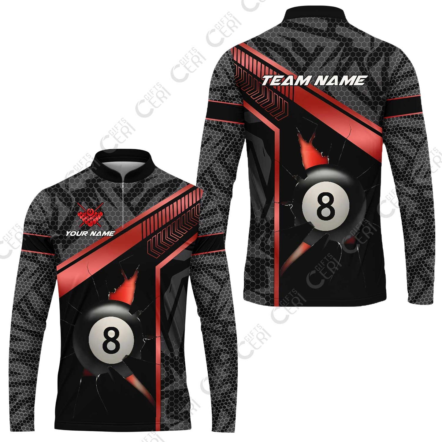 Customized Billiards Stand Collar Quarter-Zip Long Sleeve Jersey, Personalized Hexagonal Patterns With A Cracked Glass 8 Ball Jersey