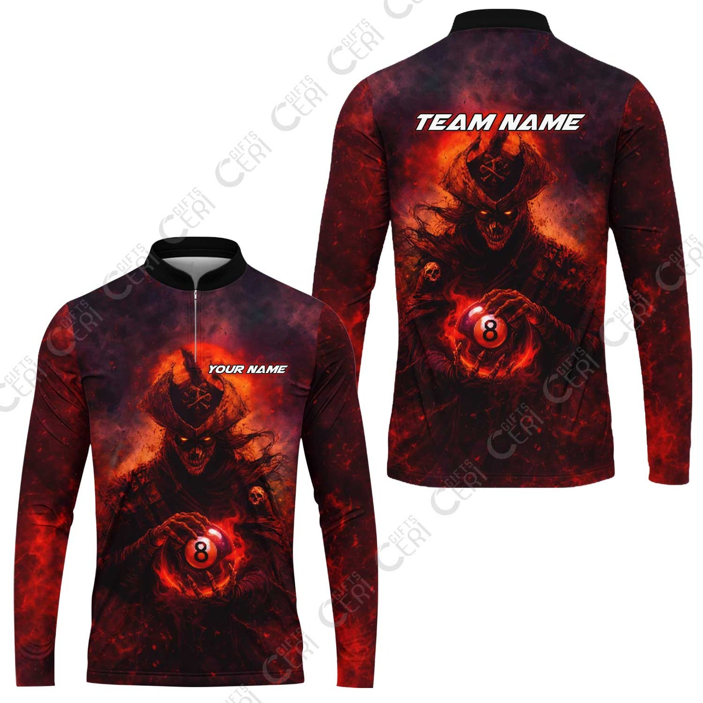 Customized Billiards Stand Collar Quarter-Zip Long Sleeve Jersey, Personalized Ghost Captains 8 Ball Jersey Gift For Billiard Players
