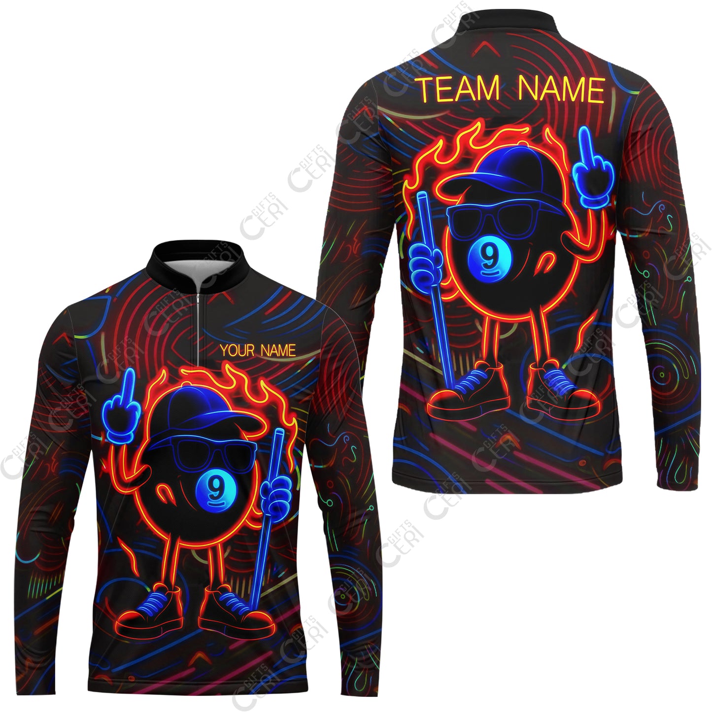 Customized 9 Ball Pool Stand Collar Quarter-Zip Long Sleeve Jersey, 9-Ball Billiard Neon Cartoon Flaming, Billiard Jerseys