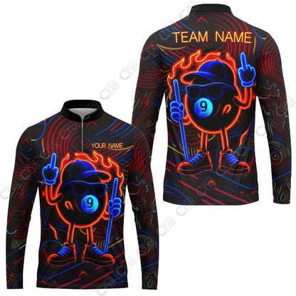 Customized 9 Ball Pool Stand Collar Quarter-Zip Long Sleeve Jersey, 9-Ball Billiard Neon Cartoon Flaming, Billiard Jerseys
