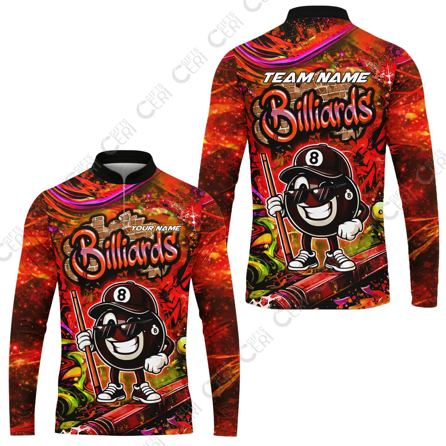 Customized Billiards Stand Collar Quarter-Zip Long Sleeve Jersey, Personalized Street Graffiti 8 Ball Jersey Gift For Billiard Players