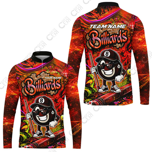 Customized Billiards Stand Collar Quarter-Zip Long Sleeve Jersey, Personalized Street Graffiti 8 Ball Jersey Gift For Billiard Players