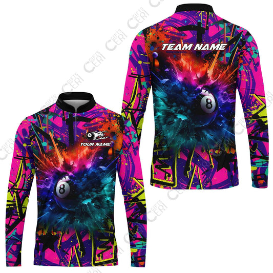 Customized Billiards Stand Collar Quarter-Zip Long Sleeve Jersey, Personalized Neon Chaos 8 Ball Jersey Gift For Billiard Players