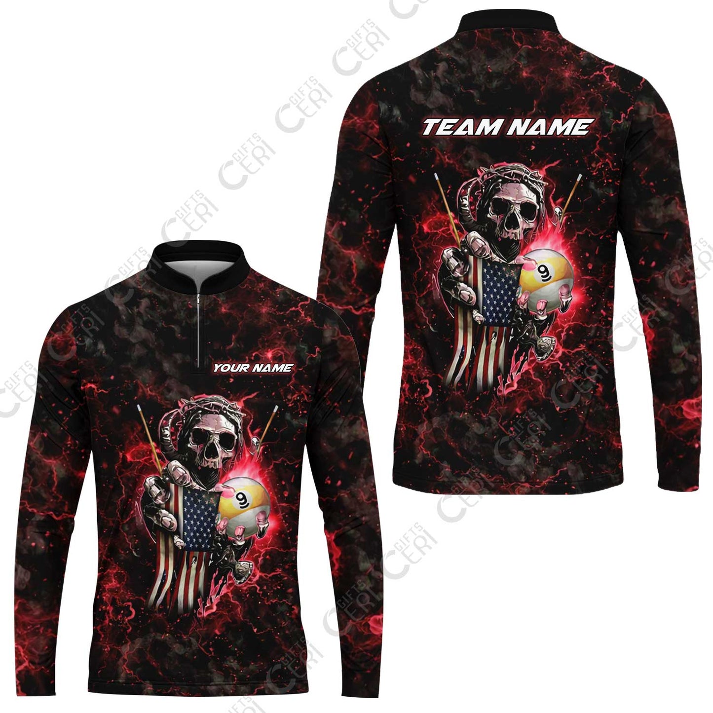 Customized Billiards Stand Collar Quarter-Zip Long Sleeve Jersey, Personalized Ghost Break 9 Ball Jersey Gift For Billiard Players
