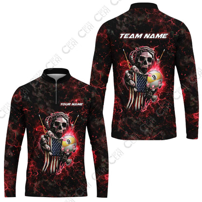 Customized Billiards Stand Collar Quarter-Zip Long Sleeve Jersey, Personalized Ghost Break 9 Ball Jersey Gift For Billiard Players