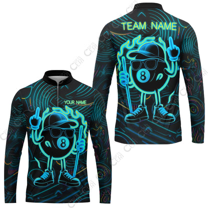 Customized 8 Ball Pool Stand Collar Quarter-Zip Long Sleeve Jersey, 8-Ball Billiard Neon Cartoon Flaming, Billiard Jerseys