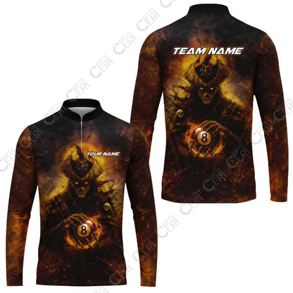 Customized Billiards Stand Collar Quarter-Zip Long Sleeve Jersey, Personalized Ghost Captains 8 Ball Jersey Gift For Billiard Players