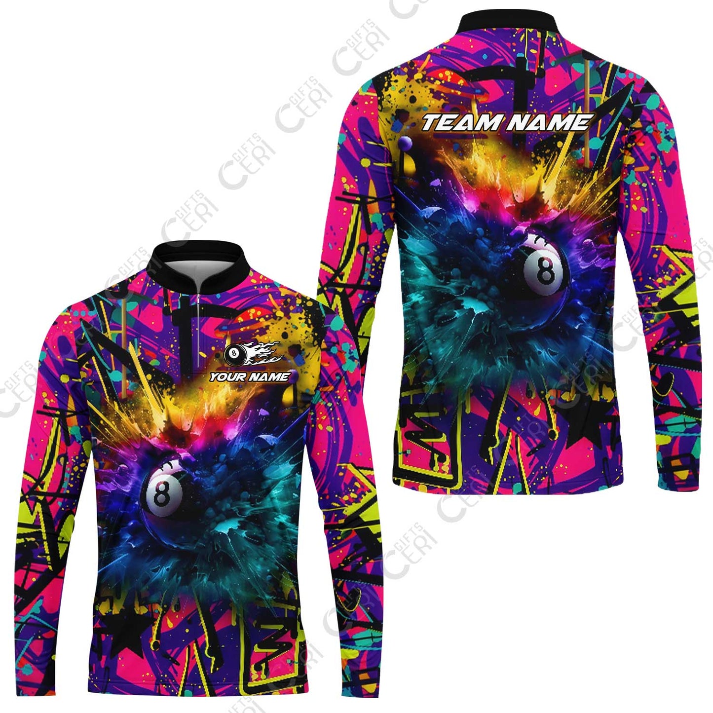 Customized Billiards Stand Collar Quarter-Zip Long Sleeve Jersey, Personalized Neon Chaos 8 Ball Jersey Gift For Billiard Players