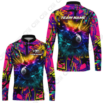 Customized Billiards Stand Collar Quarter-Zip Long Sleeve Jersey, Personalized Neon Chaos 8 Ball Jersey Gift For Billiard Players