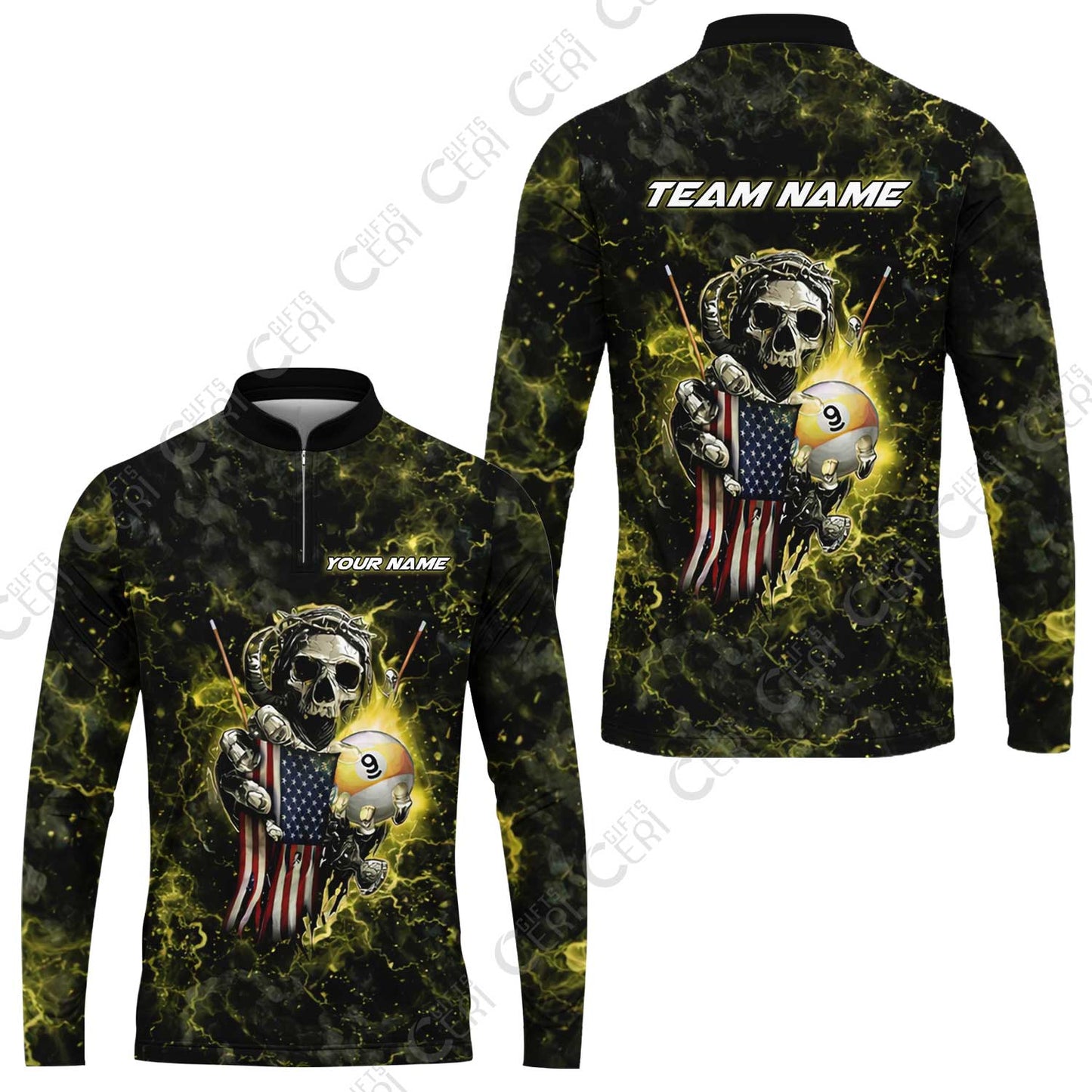 Customized Billiards Stand Collar Quarter-Zip Long Sleeve Jersey, Personalized Ghost Break 9 Ball Jersey Gift For Billiard Players