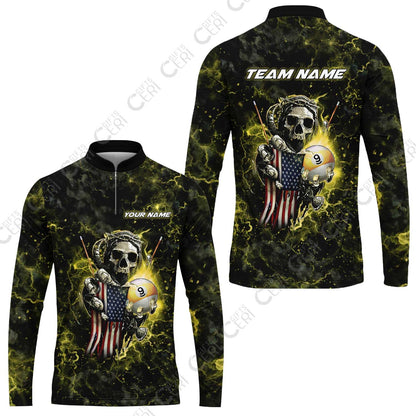 Customized Billiards Stand Collar Quarter-Zip Long Sleeve Jersey, Personalized Ghost Break 9 Ball Jersey Gift For Billiard Players