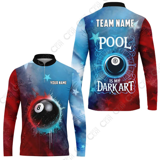 Customized 8 Ball Pool Stand Collar Quarter-Zip Long Sleeve Jersey, Billiards 8-Ball Pool Is My Dark Art, Billiards Jerseys