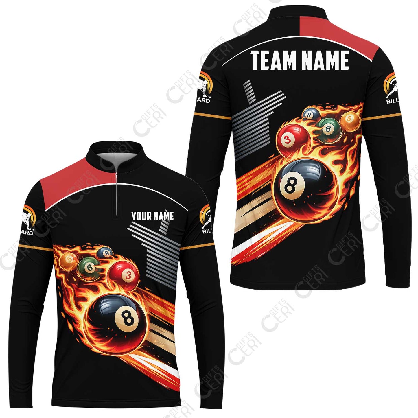 Customized 8 Ball Pool Stand Collar Quarter-Zip Long Sleeve Jersey, Billiards 8-Ball The Balls Are Burning, Billiards Jerseys