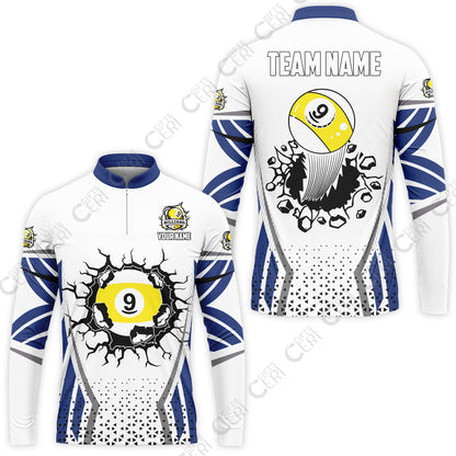 Customized 9 Ball Pool Stand Collar Quarter-Zip Long Sleeve Jersey, Billiard Triangle Pattern, 9-Ball Breaks The Wall, Billiard Jerseys