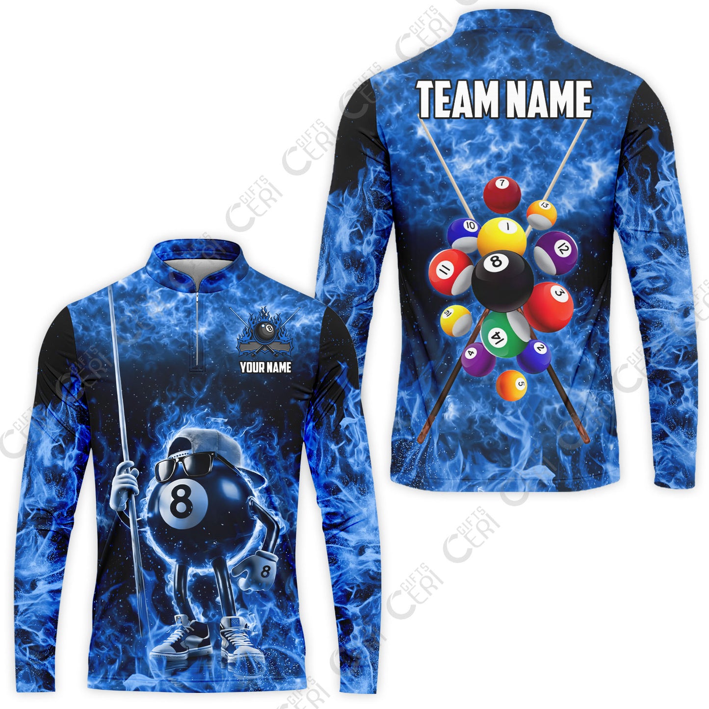 Customized 8 Ball Pool Stand Collar Quarter-Zip Long Sleeve Jersey, 8-Ball Wearing Cap And Sunglasses Flaming Burn, Billiard Jerseys