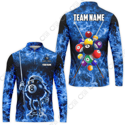 Customized 8 Ball Pool Stand Collar Quarter-Zip Long Sleeve Jersey, 8-Ball Wearing Cap And Sunglasses Flaming Burn, Billiard Jerseys