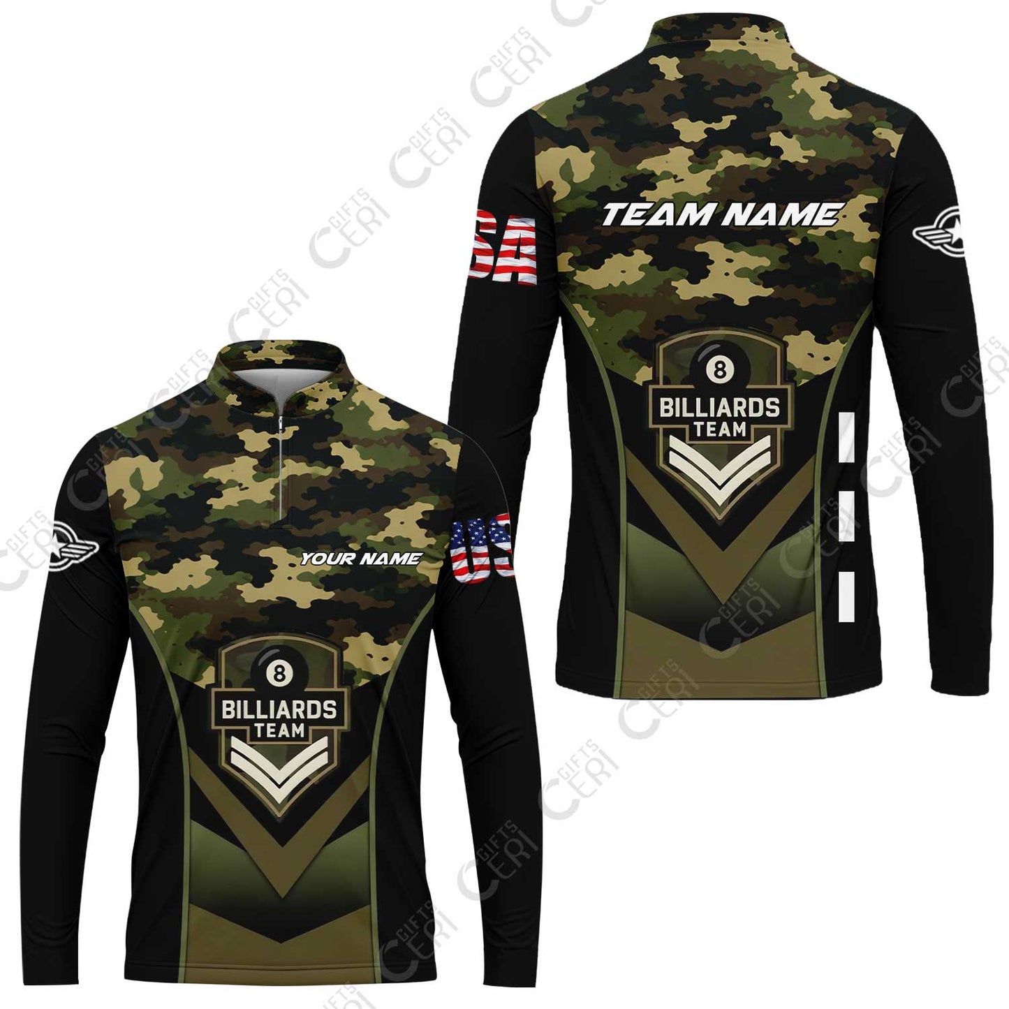 Customized 8 Ball Pool Stand Collar Quarter-Zip Long Sleeve Jersey, Camo Billiards Elite Billiard 8-Ball, Billiards Jerseys