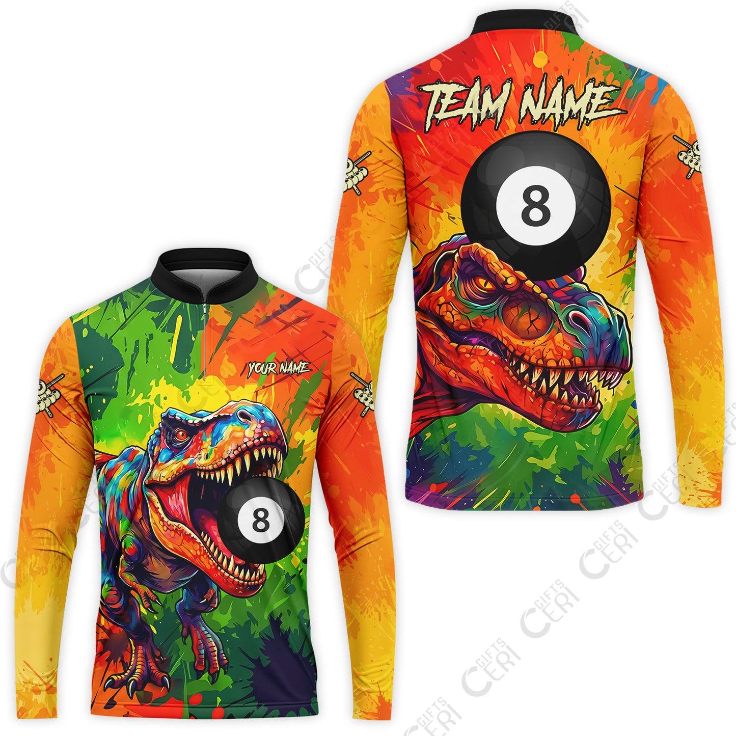 Customized 8 Ball Pool Stand Collar Quarter-Zip Long Sleeve Jersey, Dinosaur Colorful Splash Paint Billiard 8-Ball, Personalized Billiards Jersey