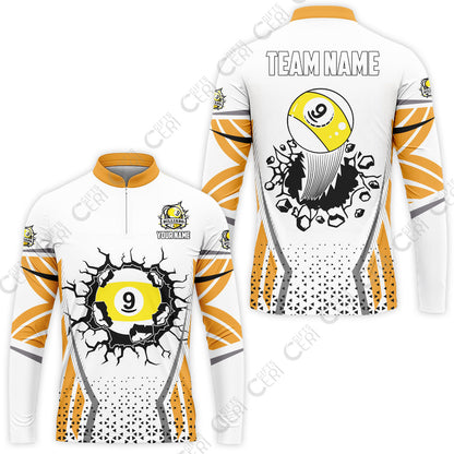 Customized 9 Ball Pool Stand Collar Quarter-Zip Long Sleeve Jersey, Billiard Triangle Pattern, 9-Ball Breaks The Wall, Billiard Jerseys