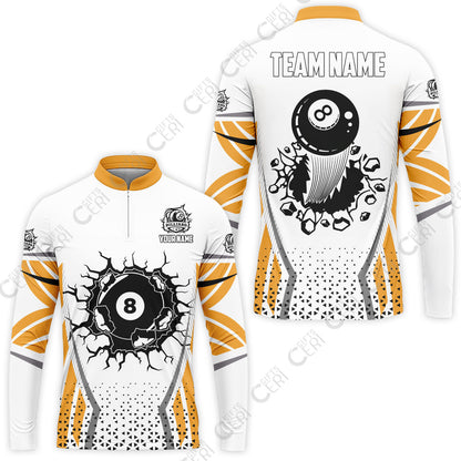 Customized 8 Ball Pool Stand Collar Quarter-Zip Long Sleeve Jersey, Billiard Triangle Pattern, 8-Ball Breaks The Wall, Billiard Jerseys