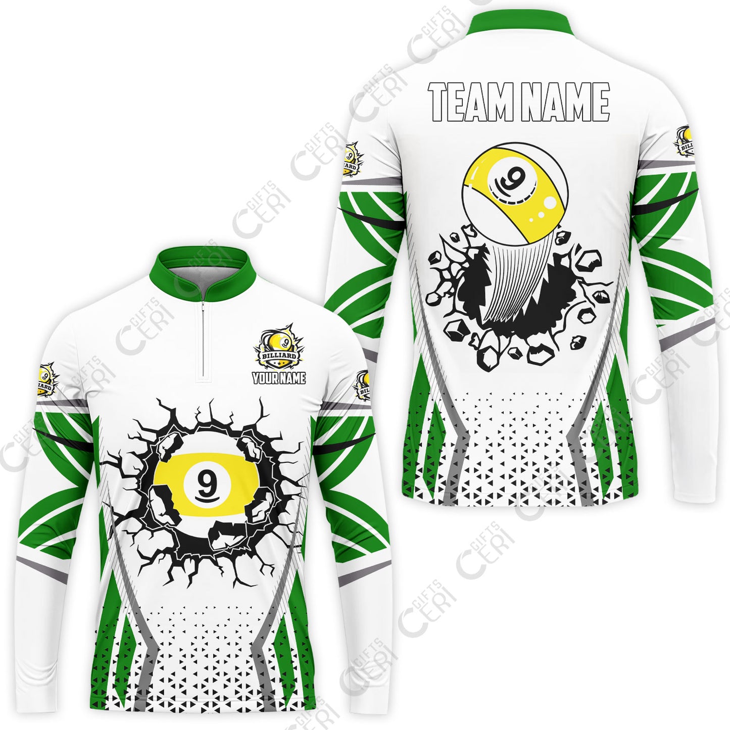Customized 9 Ball Pool Stand Collar Quarter-Zip Long Sleeve Jersey, Billiard Triangle Pattern, 9-Ball Breaks The Wall, Billiard Jerseys