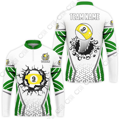 Customized 9 Ball Pool Stand Collar Quarter-Zip Long Sleeve Jersey, Billiard Triangle Pattern, 9-Ball Breaks The Wall, Billiard Jerseys