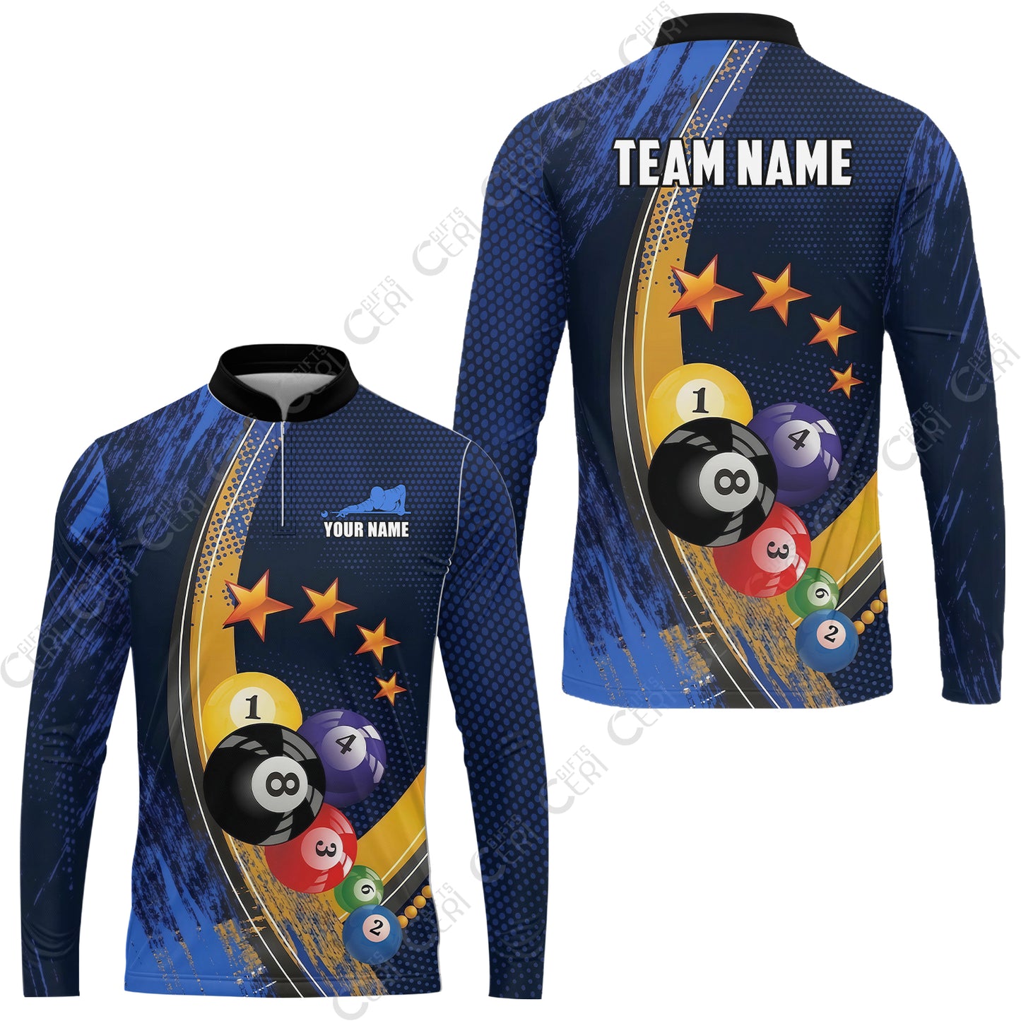 Customized 8 Ball Pool Stand Collar Quarter-Zip Long Sleeve Jersey, Brush Paint Billiards 8-Ball, Personalized Billiards Jersey