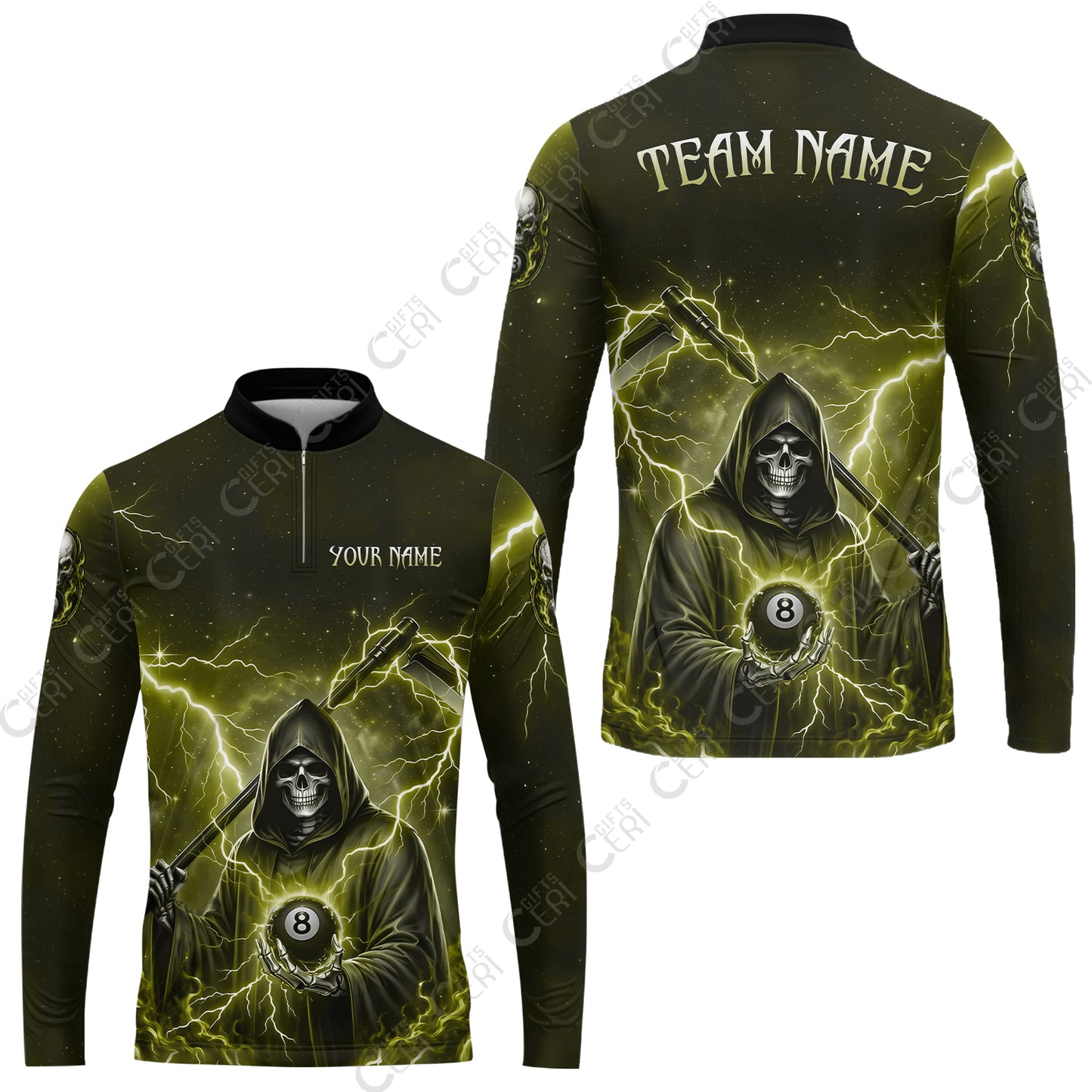 Customized 8 Ball Pool Stand Collar Quarter-Zip Long Sleeve Jersey, Lightning And Flame Grim Reaper With 8 Ball, Personalized Billiards Jersey