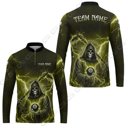 Customized 8 Ball Pool Stand Collar Quarter-Zip Long Sleeve Jersey, Lightning And Flame Grim Reaper With 8 Ball, Personalized Billiards Jersey