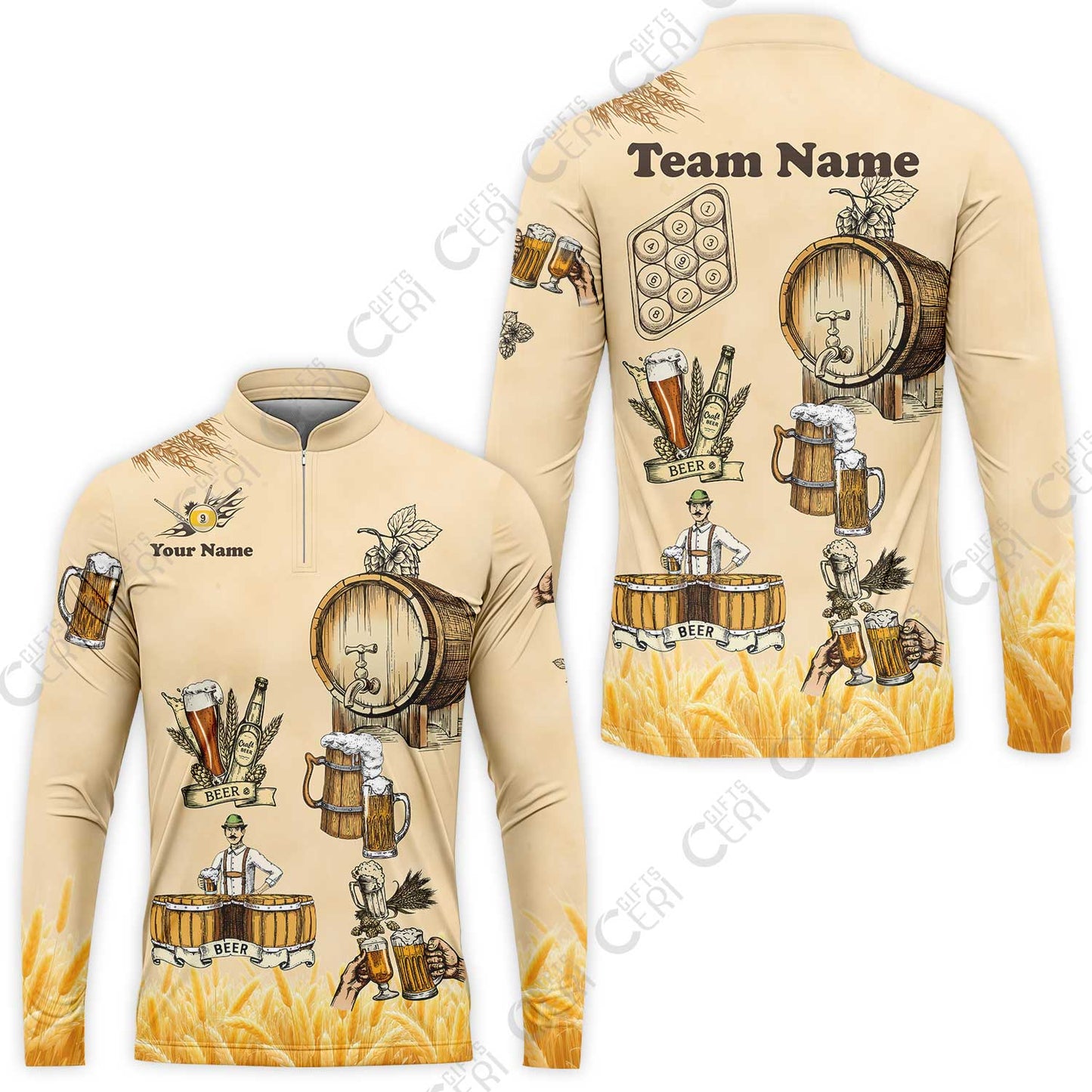 Customized 9 Ball Pool Stand Collar Quarter-Zip Long Sleeve Jersey, Beer 3 Scale Billiard 9-ball, Personalized Billiards Jersey