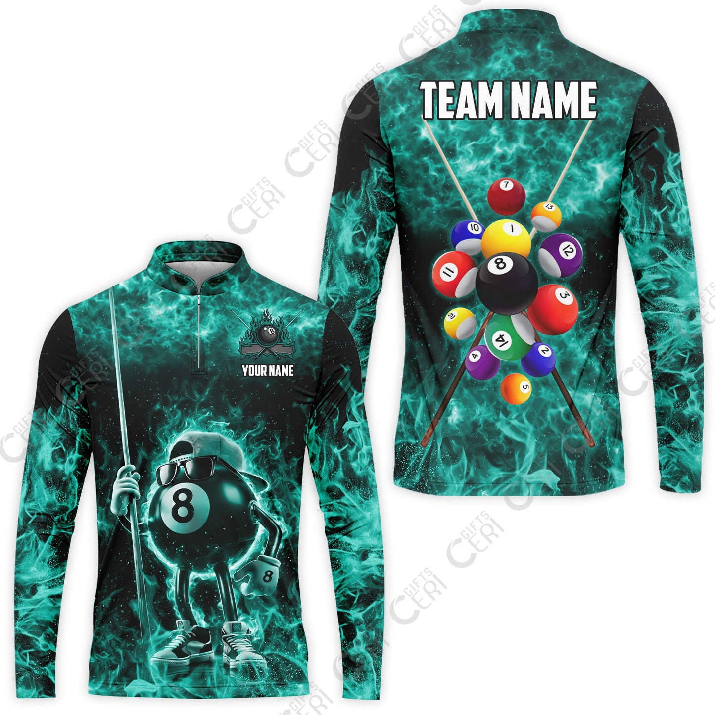 Customized 8 Ball Pool Stand Collar Quarter-Zip Long Sleeve Jersey, 8-Ball Wearing Cap And Sunglasses Flaming Burn, Billiard Jerseys